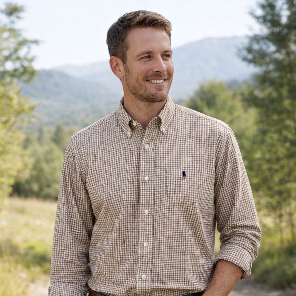 Ralph Lauren Men's Casual Shirt 17/36 Brown Plaid Blake 100% Cotton Embroidered